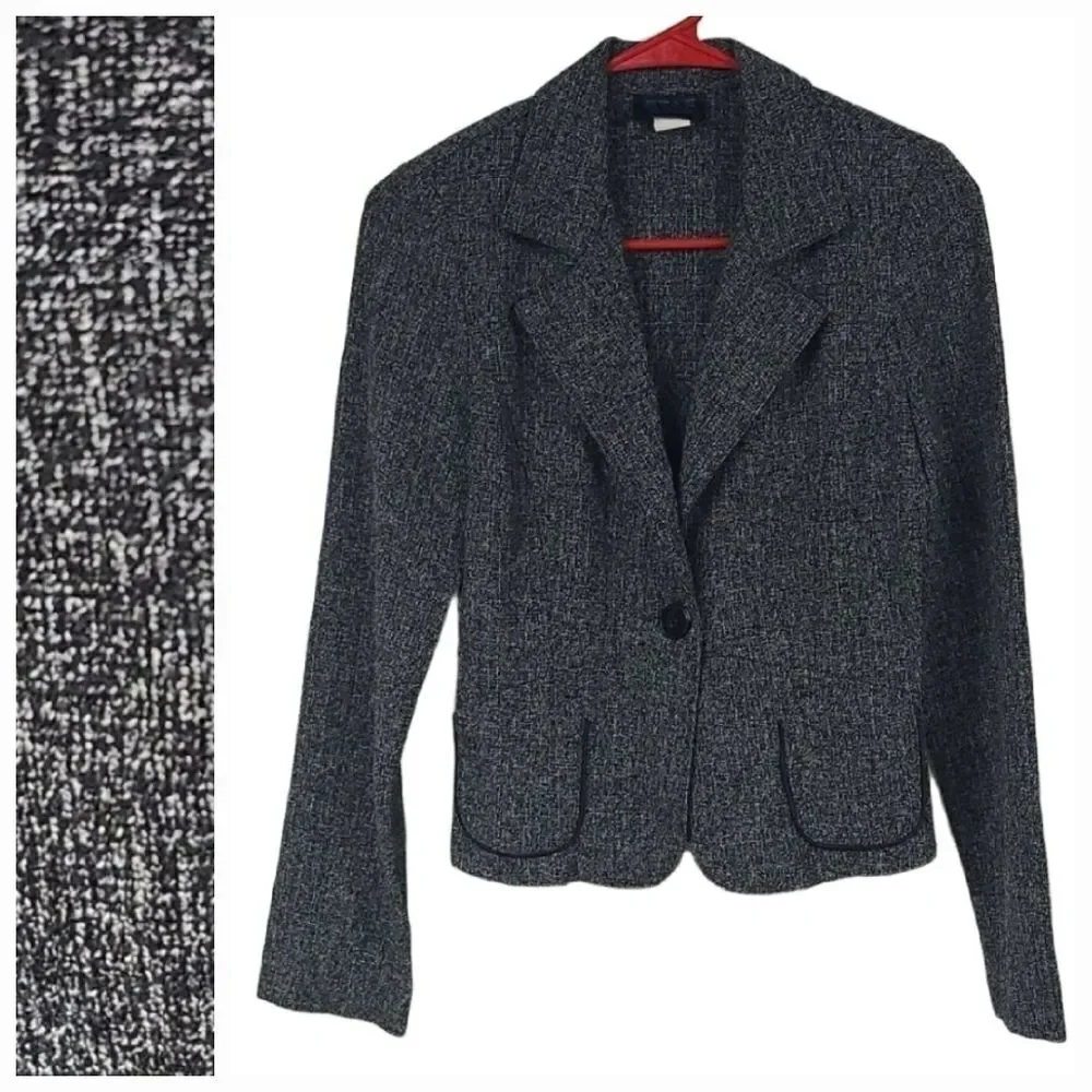 Black White Tweed Blazer Jacket Small Piped Pockets Modern Tailored Office Chic